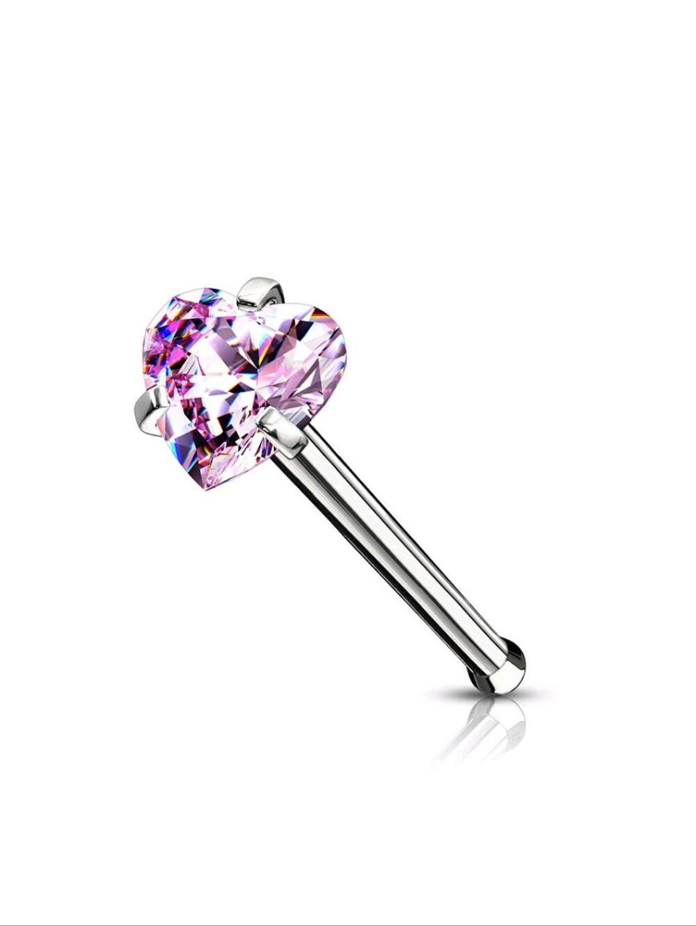 Silver Pink Heart Cubic Zirconia Nose Stud